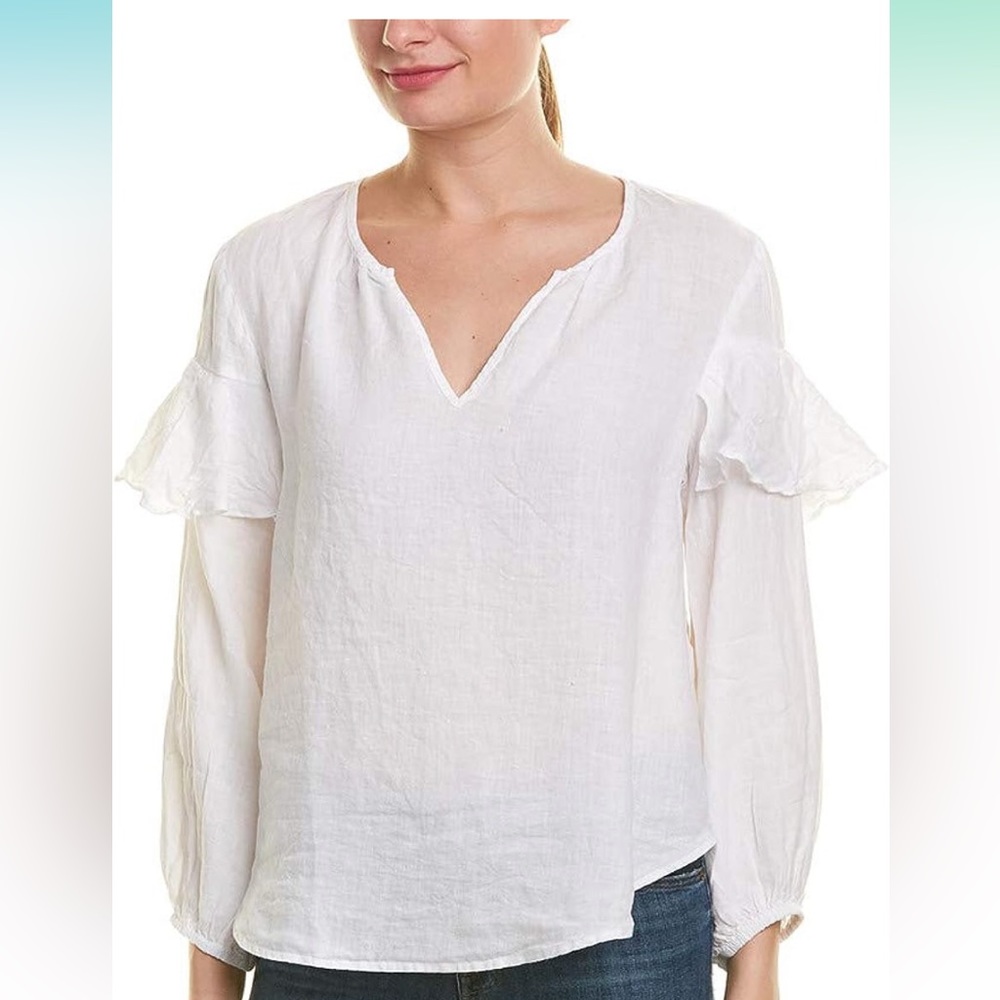 Velvet by Graham & Spencer Tyra Peasant Ruffle Sleeve 100% Linen top